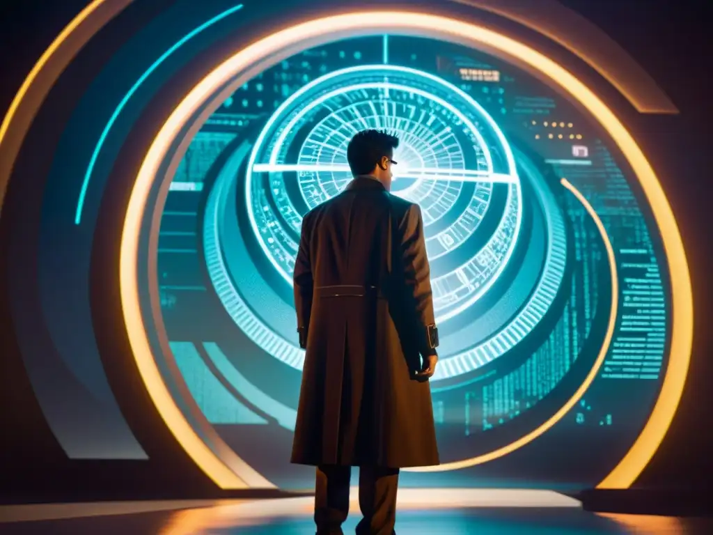 Viaje en el tiempo: Misterio de John Titor Un enigmático viajero del tiempo, John Titor, frente a una máquina futurista rodeado de vortexes de luz y ecuaciones en el aire