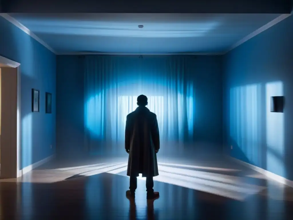 Entidades interdimensionales en fenómenos paranormales: Figura fantasmal en habitación misteriosa y azul