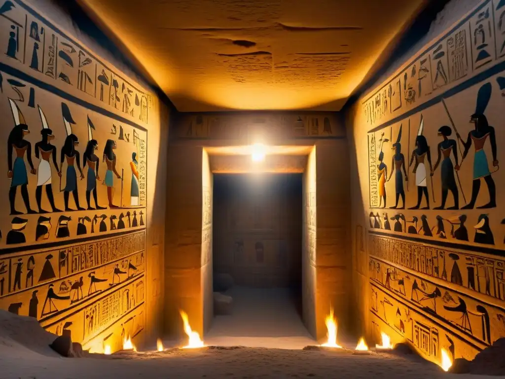 Misterios ancestrales: Entrada a la tumba egipcia Entrada de tumba egipcia con jeroglíficos, antorchas y misteriosa luz interna