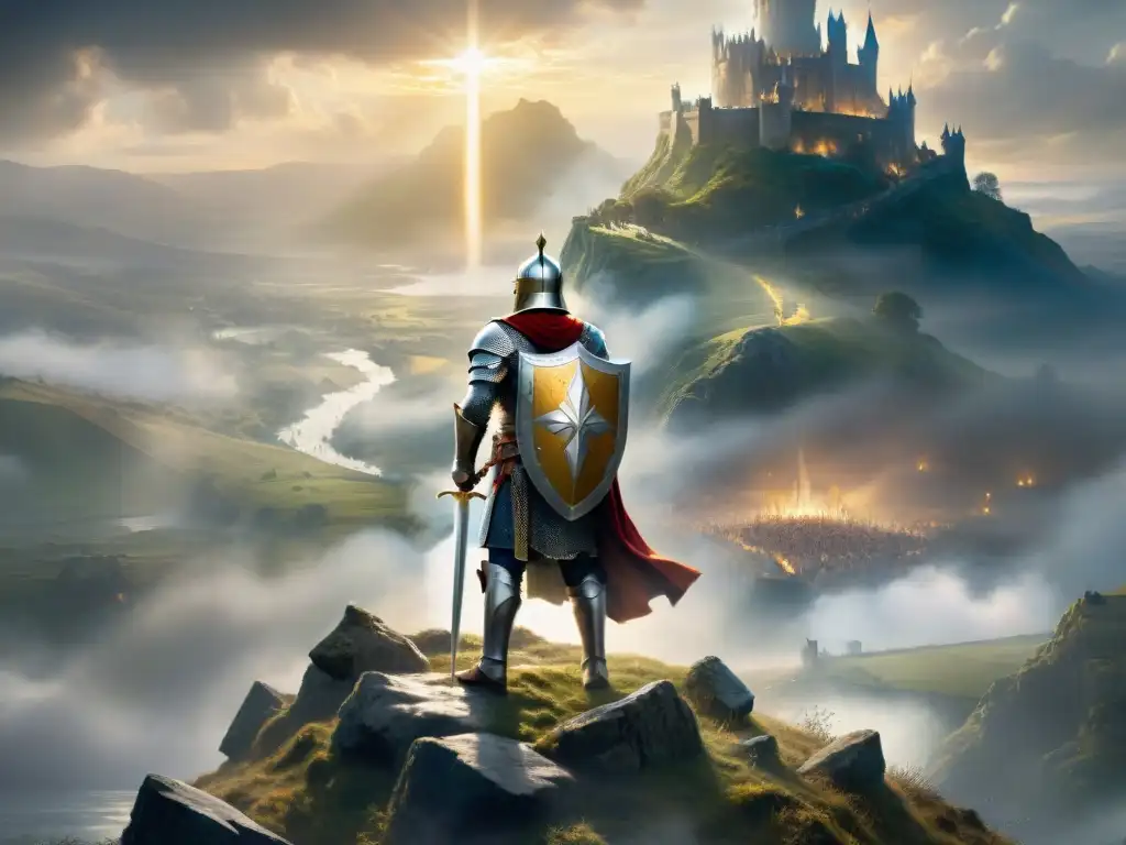 Rey Arturo en armadura, Excalibur en alto, liderando en Avalon Épica pintura del Rey Arturo en armadura brillante con Excalibur, liderando su ejército en Avalon