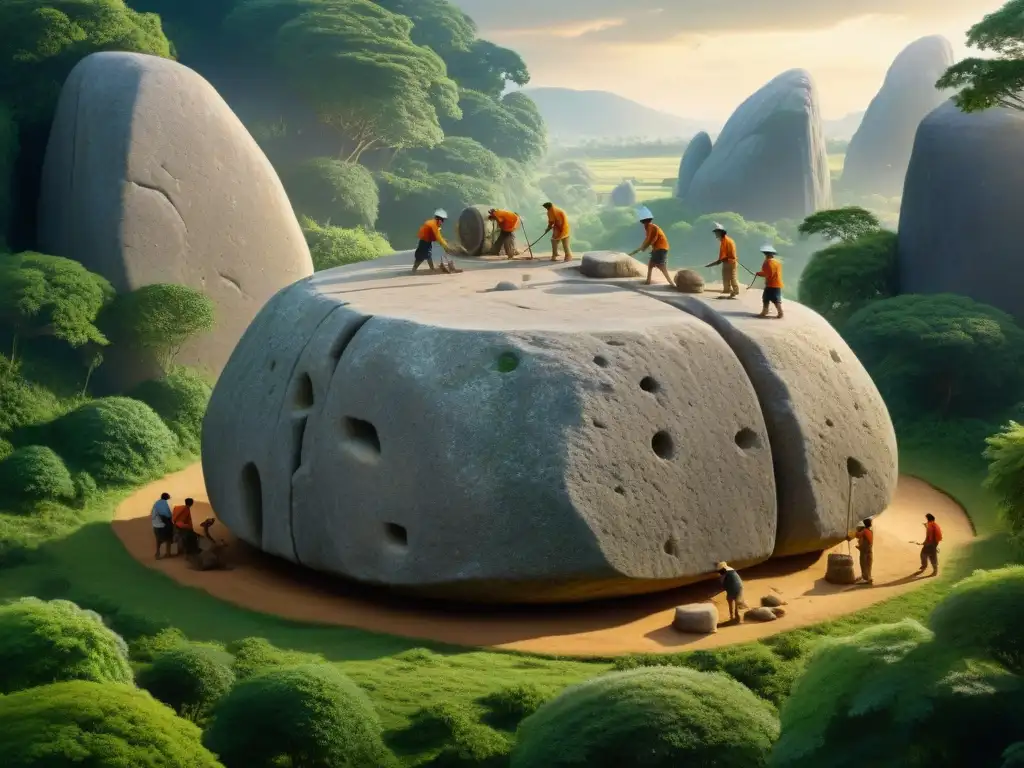 Artesanos antiguos esculpiendo megapiedras en paisaje misterioso Equipo de antiguos trabajadores esculpiendo y moviendo piedras para construir una estructura megalítica en un paisaje misterioso y exuberante