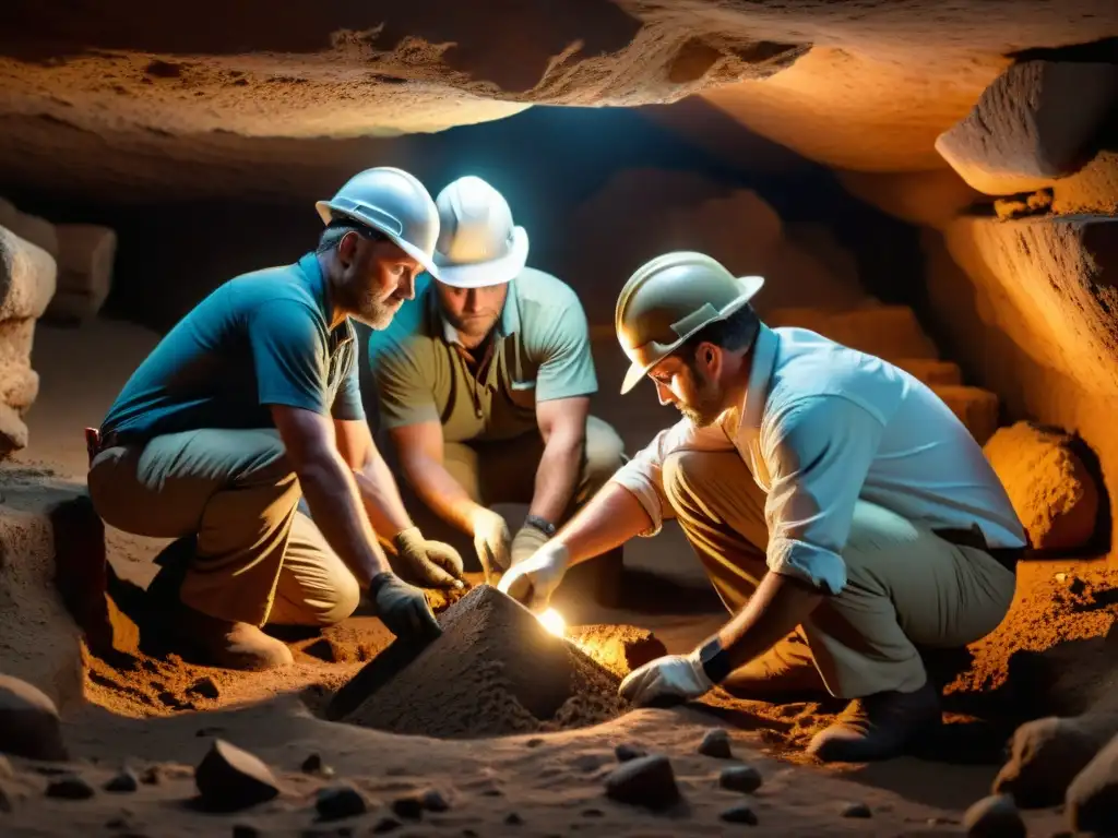 Descubrimiento arqueológico: equipo desenterrando antiguo artefacto Un equipo de arqueólogos descubre un artefacto antiguo en un yacimiento iluminado por antorchas