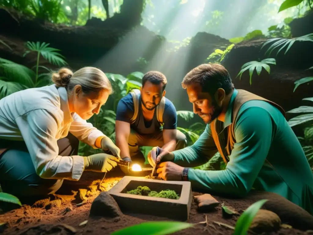 Exploración arqueológica en la jungla: pasado y tecnología Equipo de arqueólogos explorando artefactos antiguos en la selva con cámaras hiperespectrales
