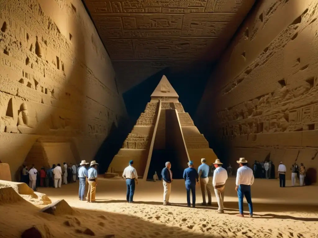 Exploración arqueológica en la Gran Pirámide de Giza: descubriendo secretos ancestrales con tecnología avanzada Equipo de arqueólogos y científicos descubriendo secretos en la Gran Pirámide de Giza, fusionando civilización avanzada con misterios antiguos
