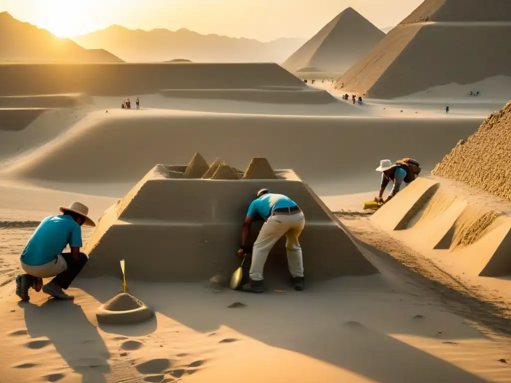Excavación minuciosa en Caral: Misterios ancestrales desenterrados Un equipo de arqueólogos desentraña misterios en las Pirámides de Caral, capturando la esencia del pasado ancestral