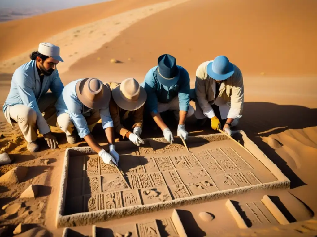 Excavación de tablillas protoelamitas en el desierto de Irán Equipo de arqueólogos descifrando escritura protoelamita en desierto de Irán