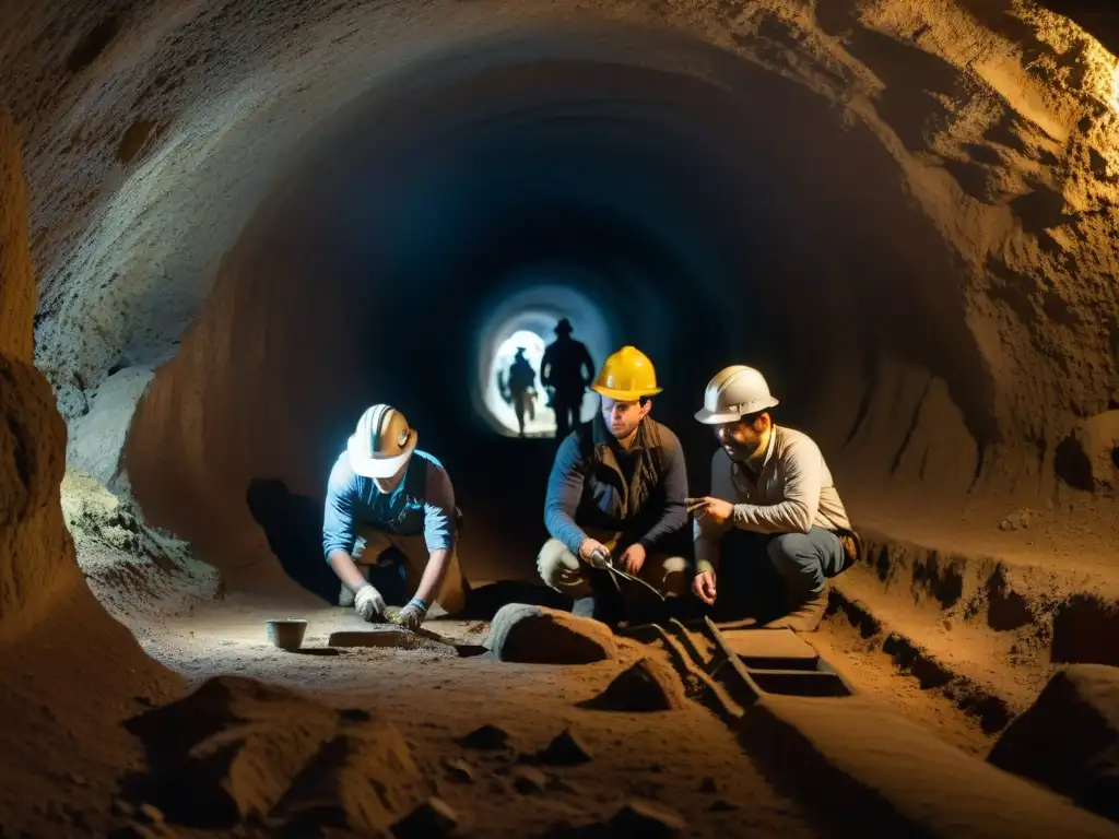 Equipo de arqueólogos usando georradar en túnel subterráneo Equipo de arqueólogos utiliza georradar para descubrir lugares subterráneos en túnel misterioso