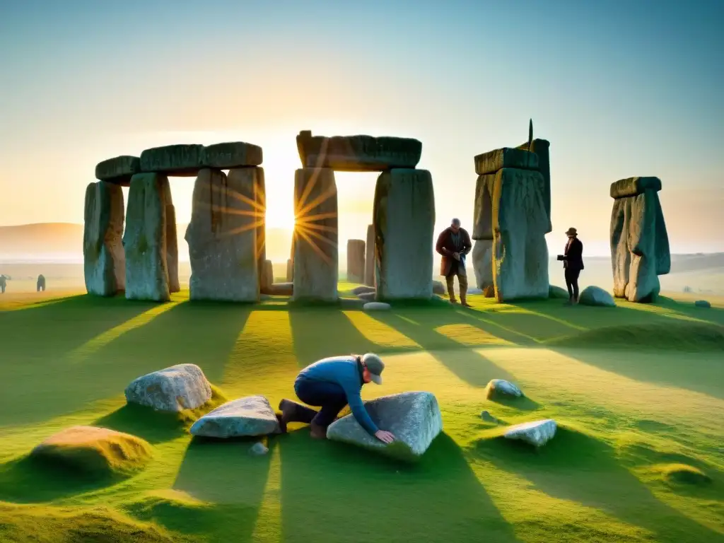Excavación detallada en Stonehenge al amanecer Equipo de arqueólogos desentrañando misterios en Stonehenge al amanecer