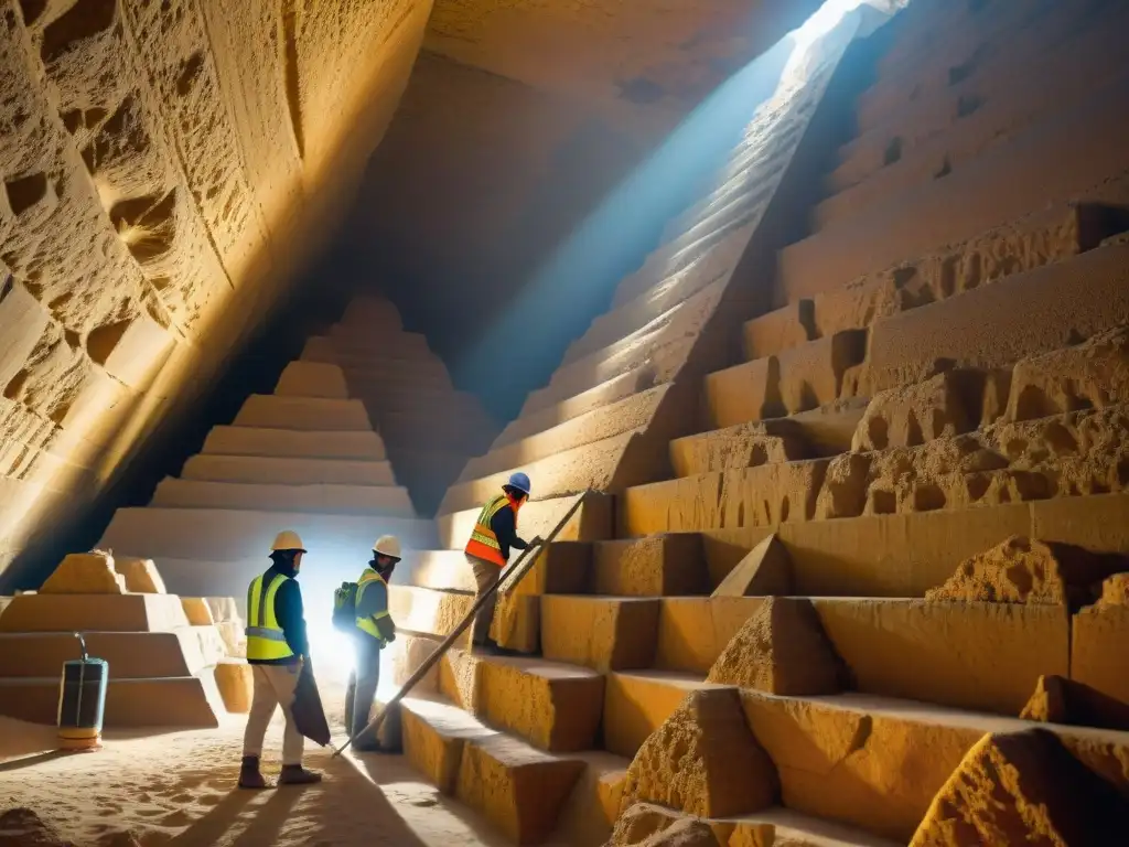 Excavación arqueológica en la Gran Pirámide de Giza Un equipo de arqueólogos explorando pasajes en la Gran Pirámide de Giza con tecnología avanzada, revelando secretos antiguos bajo una luz dramática