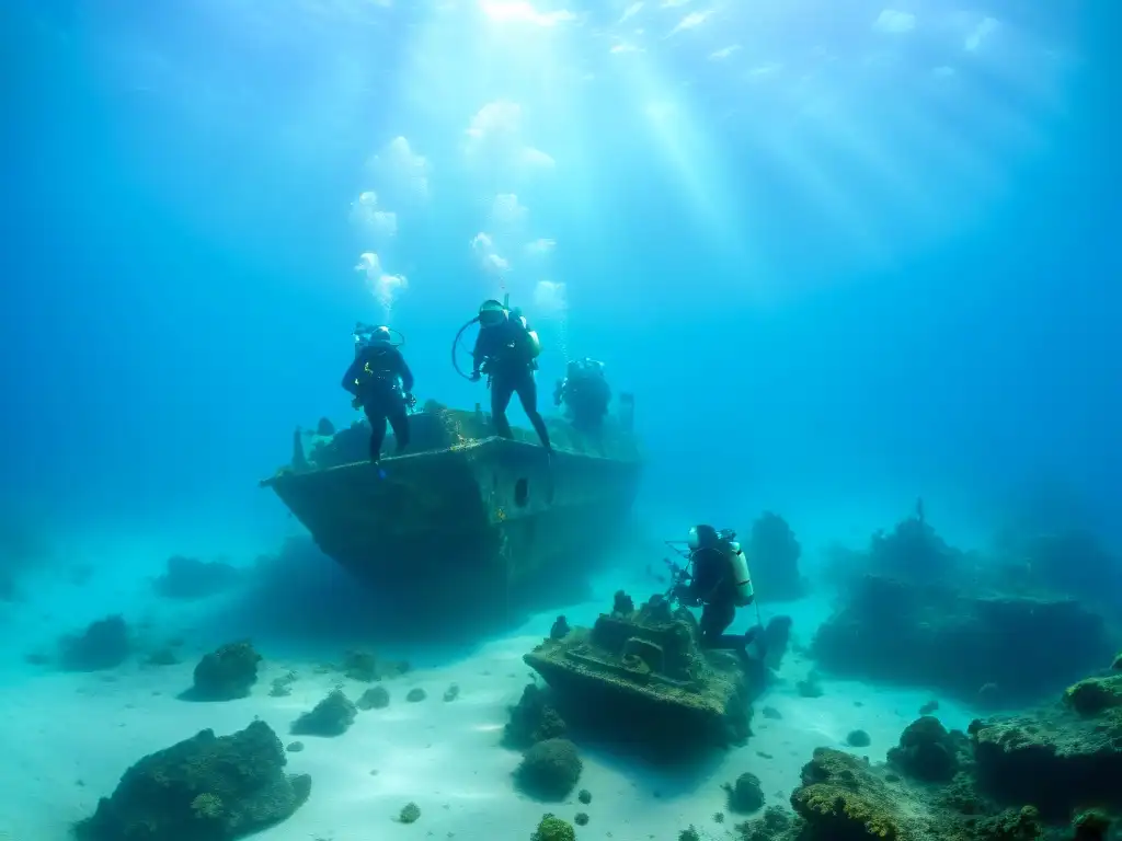 Exploración submarina en Triángulo de las Bermudas Equipo de arqueólogos submarinos explorando misterios en el Triángulo de las Bermudas