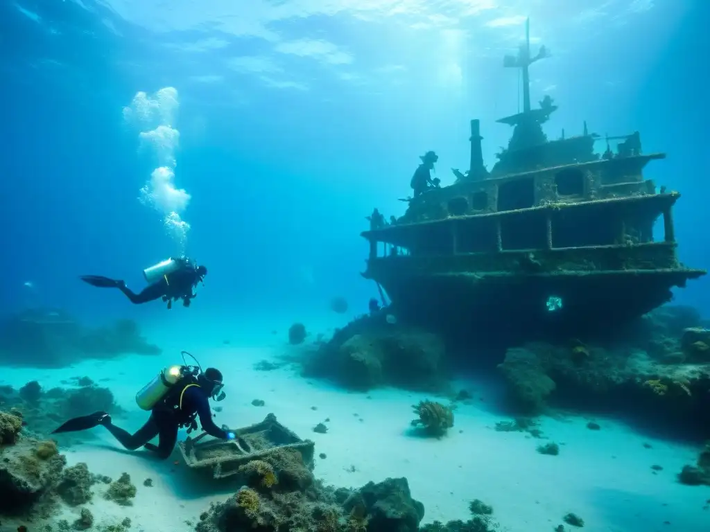 Excavación de naufragio en el Triángulo de las Bermudas: arqueólogos submarinos descubren secretos ancestrales Equipo de arqueólogos submarinos explorando un naufragio en el Triángulo de las Bermudas, rodeados de peces y misterios submarinos