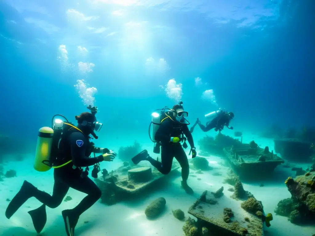 Exploración submarina en el Triángulo de las Bermudas: misterios revelados Equipo de arqueólogos submarinos explorando un naufragio en el Triángulo de las Bermudas