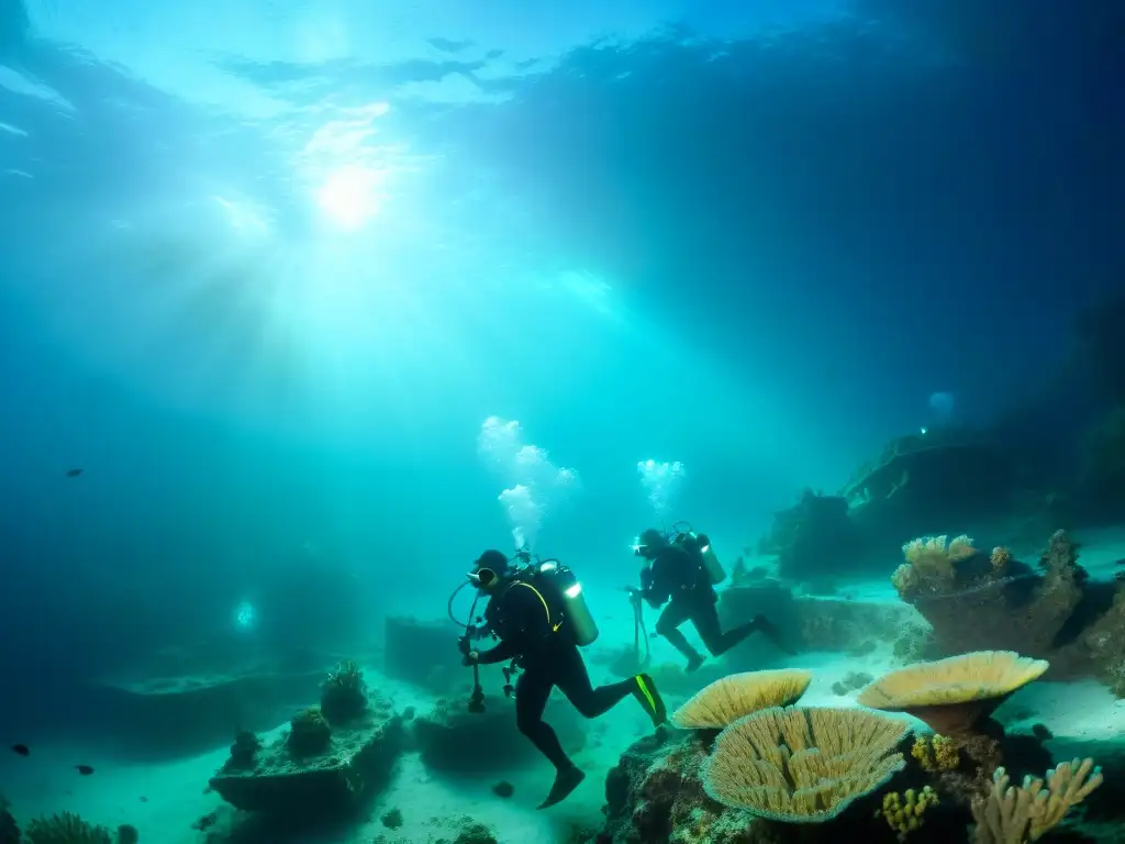 Exploración arqueológica en naufragio del Triángulo de las Bermudas Equipo de arqueólogos submarinos explora un naufragio en el Triángulo de las Bermudas