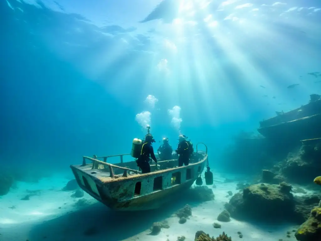 Exploración submarina en el Triángulo de las Bermudas Equipo de arqueólogos submarinos explorando un naufragio en el Triángulo de las Bermudas