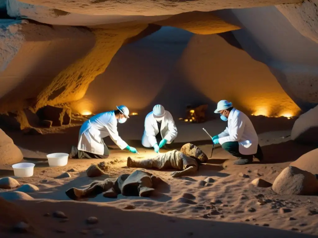 Excavación arqueológica al anochecer: extracción de ADN ancestral Equipo científico en sitio arqueológico excavación antigua, desentrañando misterios genética ADN al anochecer