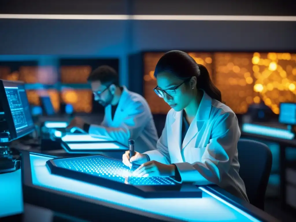 Descubriendo orígenes genéticos: científicos analizan ADN antiguo en laboratorio futurista Equipo de científicos en laboratorio de alta tecnología, desentrañando misterios genética antigua bajo microscopio poderoso