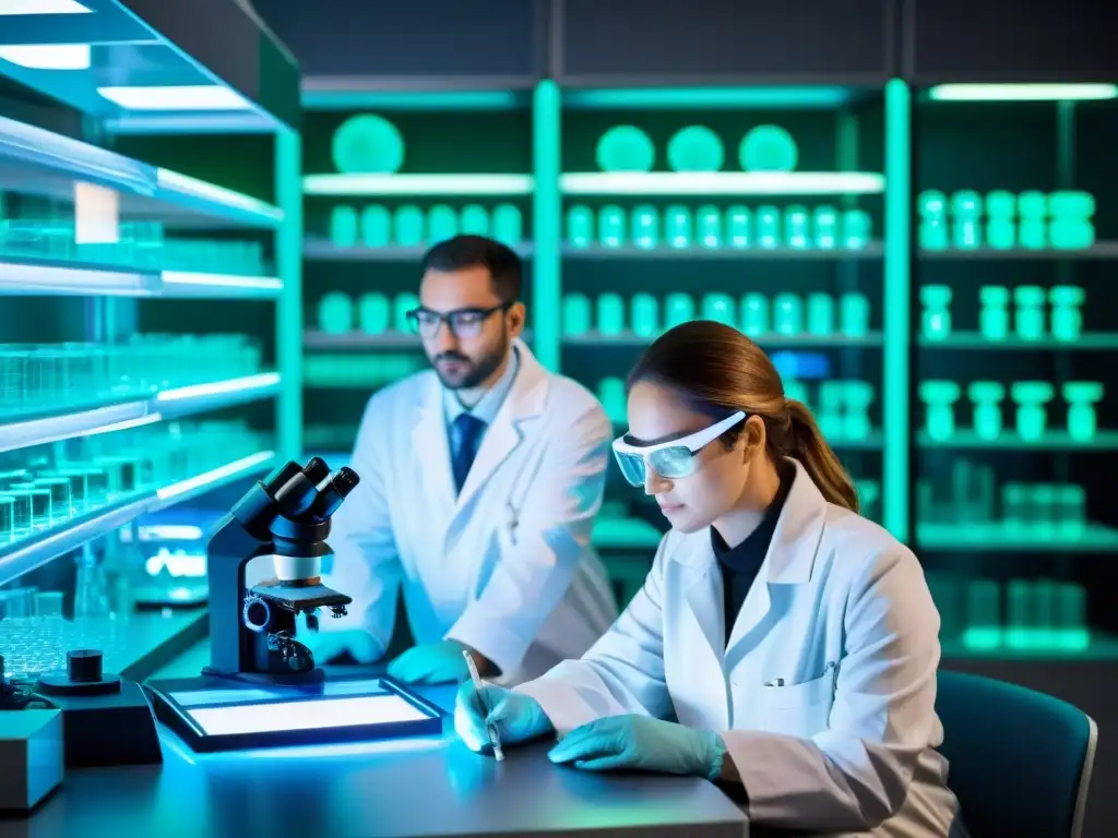 Equipo científico analiza ADN antiguo en laboratorio de alta tecnología Un equipo de científicos en un laboratorio de alta tecnología desentrañando misterios de genética antigua con ADN