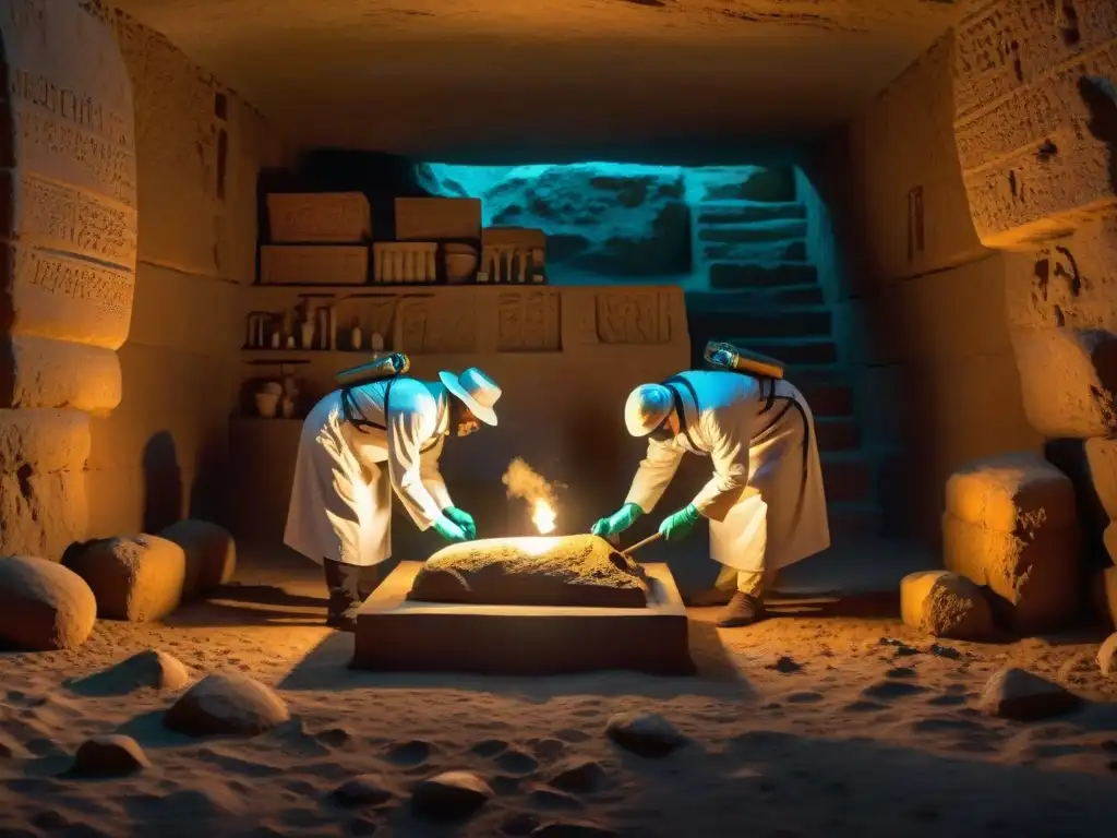 Descubrimiento genético en cripta antigua Equipo de científicos desentrañando misterios genética antigua en cripta iluminada, sacando muestras óseas para análisis ADN