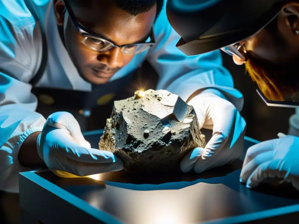 Análisis detallado de roca lunar: descubriendo secretos cósmicos Equipo de científicos analizando un misterioso espécimen lunar en un laboratorio, revelando descubrimientos secretos Luna mundo