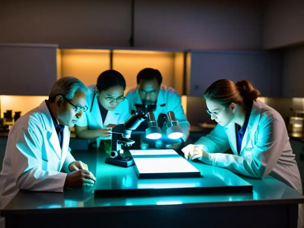 Equipo de científicos examinando muestra misteriosa 'FANI' en laboratorio tenue