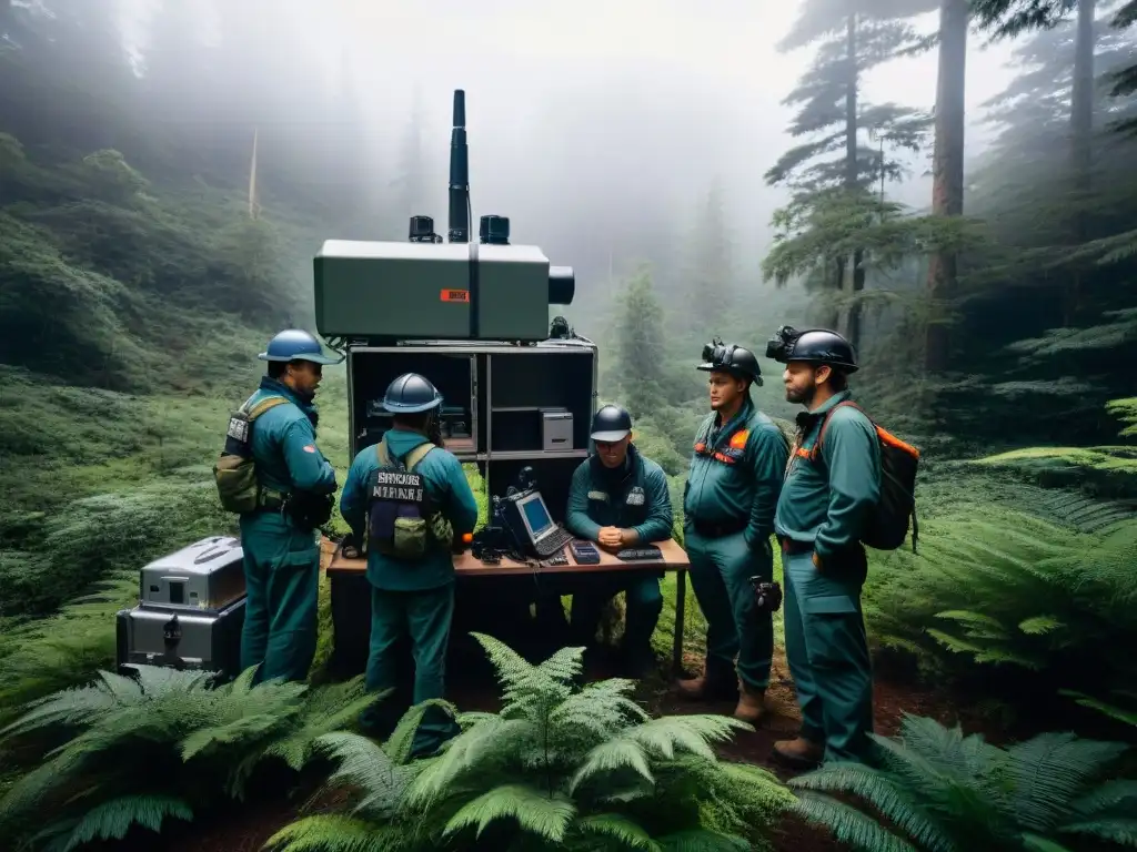 Equipo de emergencia en entorno aislado, estableciendo comunicación