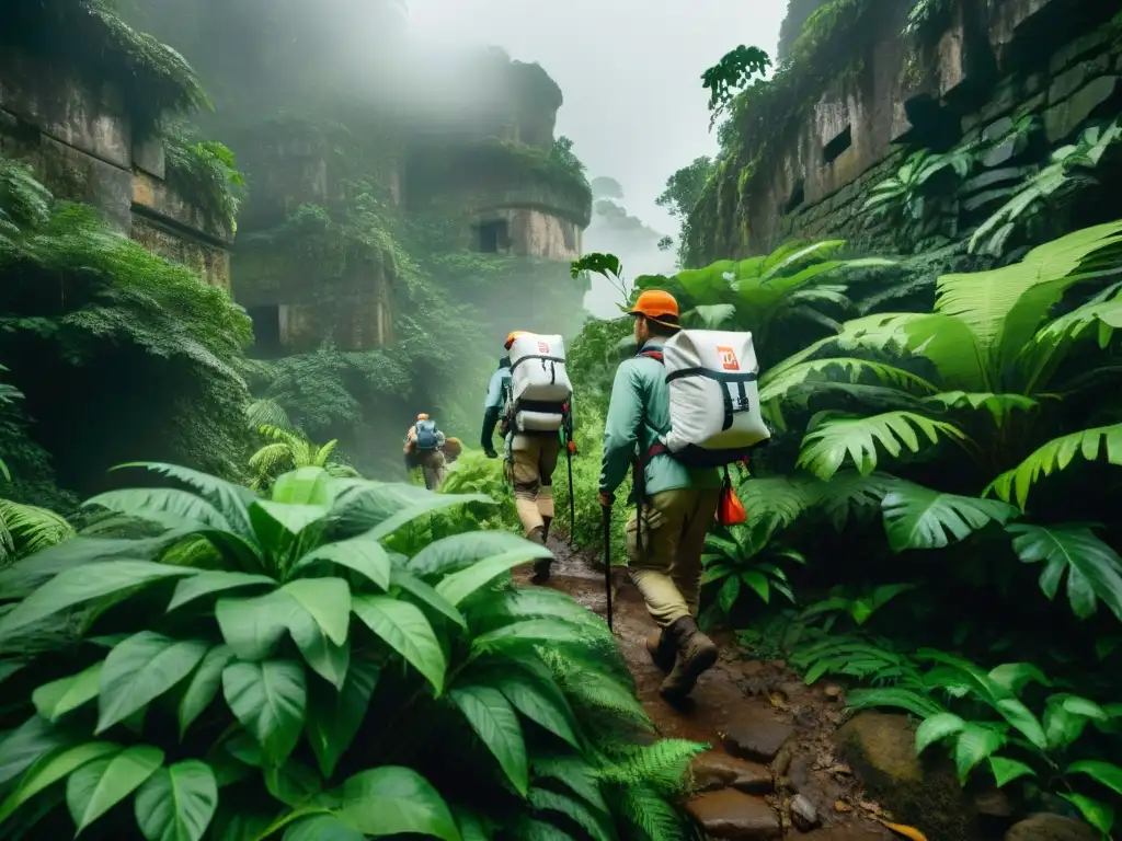 Un equipo de exploradores en expedición misteriosa, equipados con primeros auxilios, avanza en la densa jungla
