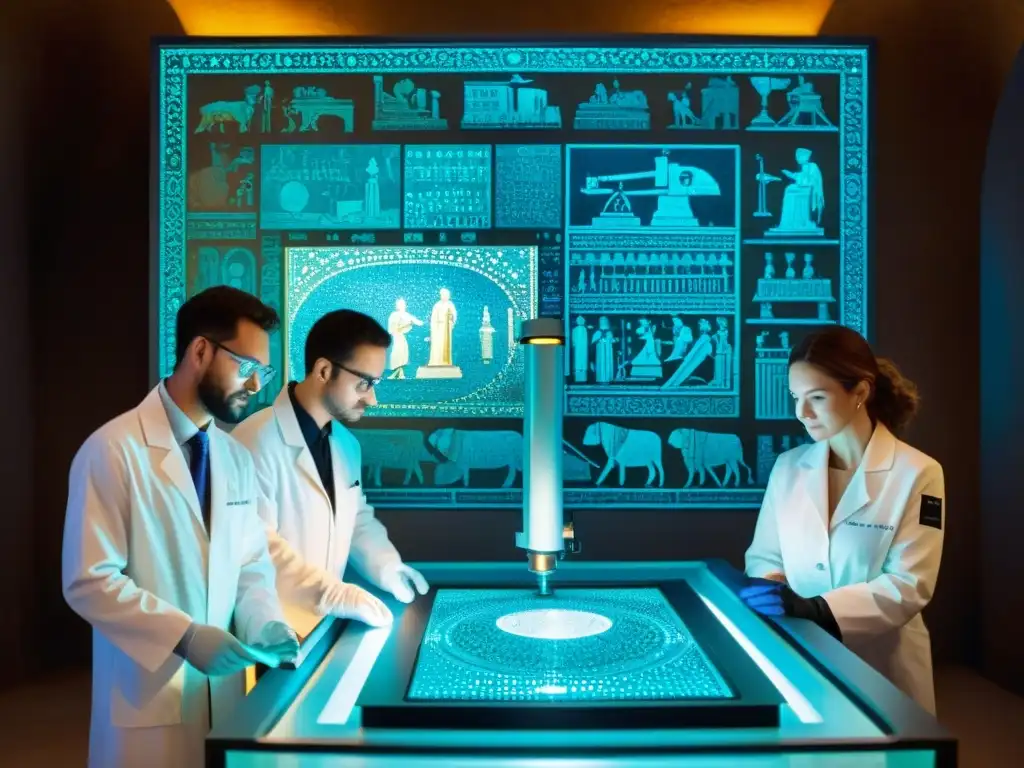 Análisis detallado de mosaico antiguo con tecnología moderna Equipo de investigadores analizando arte antiguo con máquinas de espectroscopía, revelación colores arte antiguo
