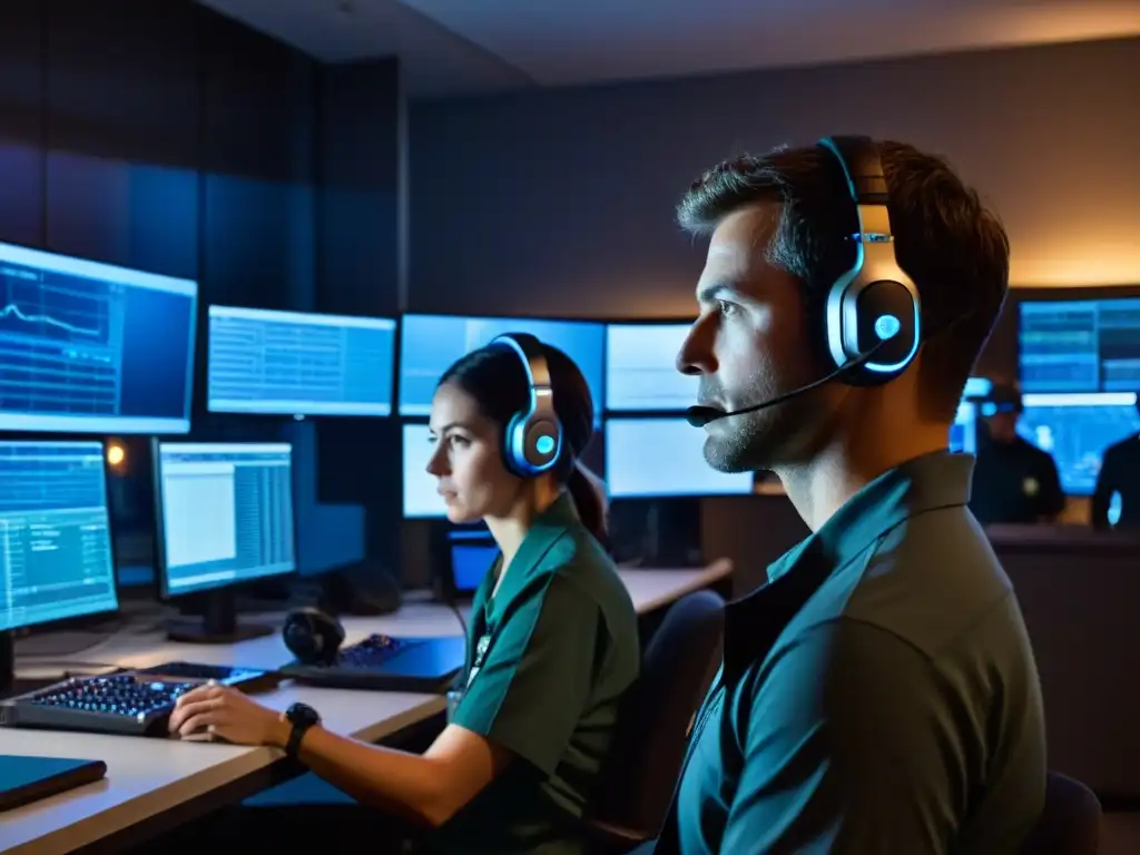 Un equipo de investigadores analiza datos paranormales en una sala oscura llena de tecnología