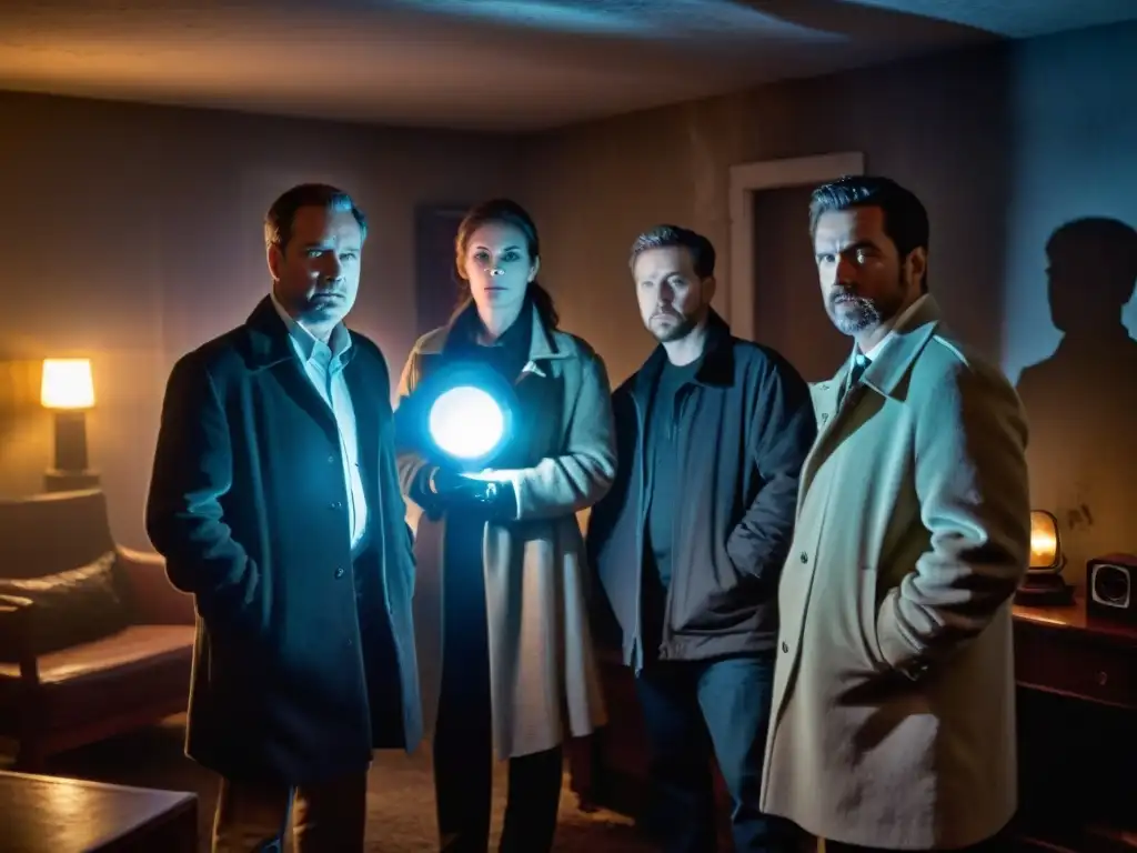 Equipo paranormal en investigación en habitación misteriosa El equipo de investigadores con equipamiento para investigación paranormal en una habitación llena de misterio y neblina