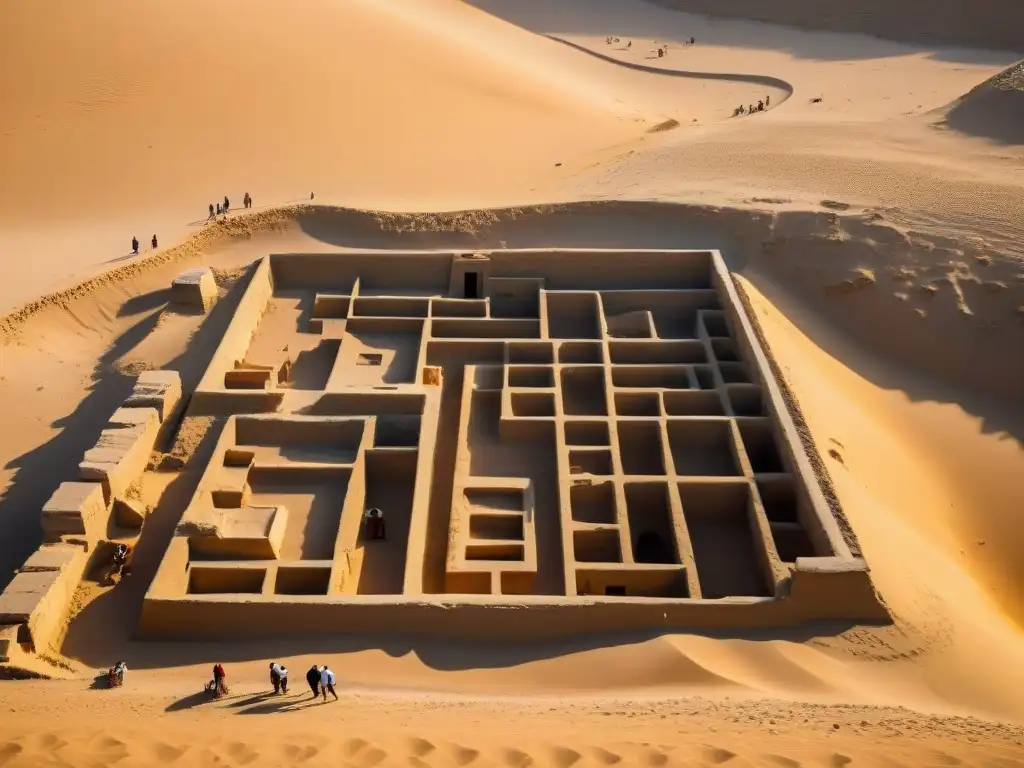 Excavación en Hawara: Misterios del Laberinto Egipcio Exploración en Hawara: equipo descubre laberinto egipcio bajo la arena al atardecer, revelando misterios y grandiosidad