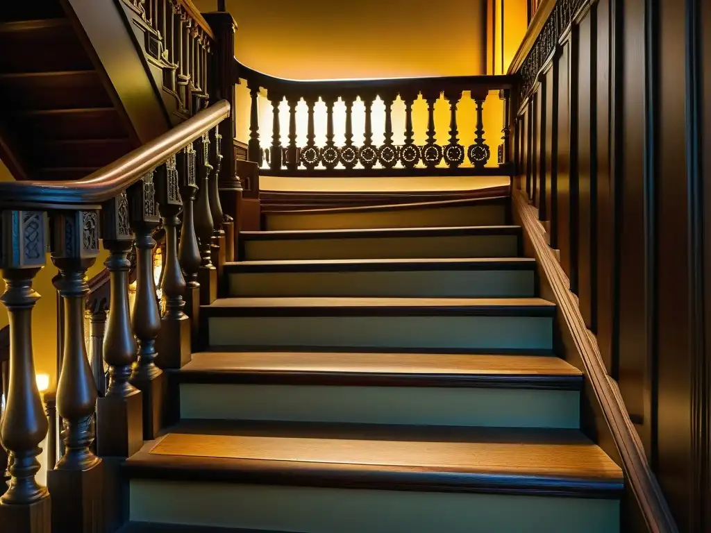 Escaleras misteriosas de la Casa Winchester: detalle y belleza enigmática Escalera sinuosa de la Misteriosa Mansión Winchester: arquitectura espectral con detalles intrincados y belleza misteriosa