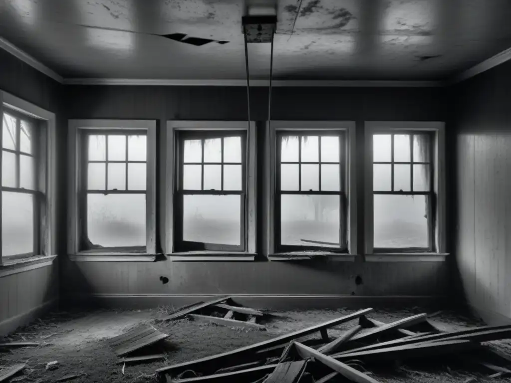 Misteriosa mansión abandonada envuelta en neblina Escalofriante casa abandonada envuelta en niebla densa, con columpio gastado balanceándose, evocando misterio