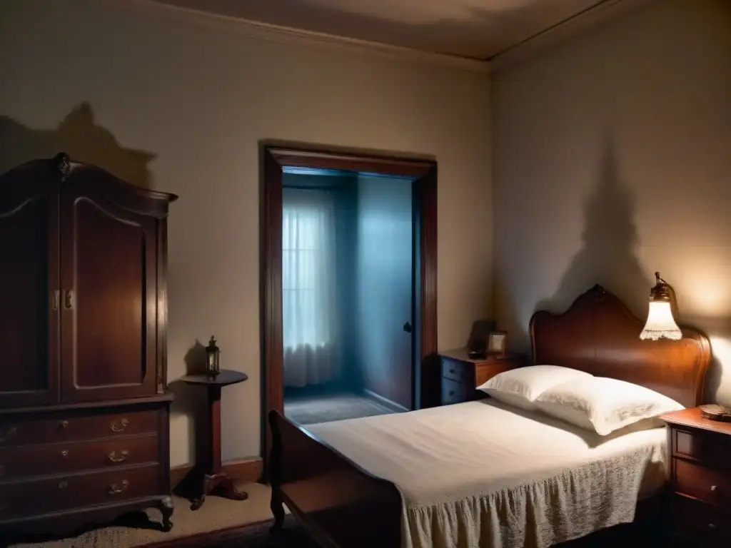 Presencia sobrenatural en habitación antigua Un escalofriante escenario nocturno en un antiguo dormitorio iluminado débilmente, con muebles antiguos cubiertos por sábanas blancas