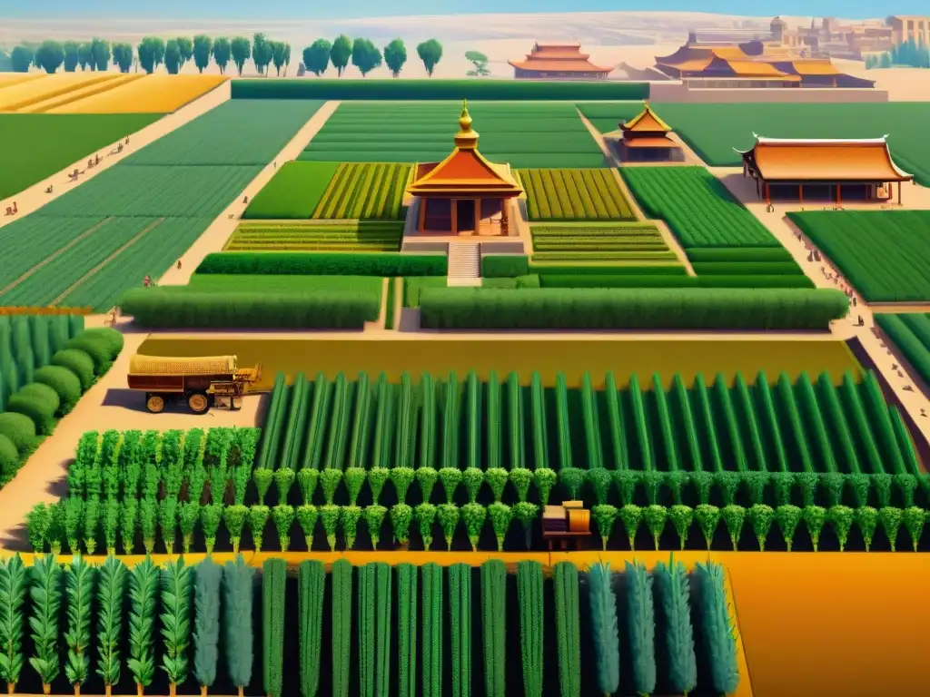 Escena de agricultura avanzada en civilizaciones antiguas con mercado bullicioso, sistemas de riego y cultivos diversos