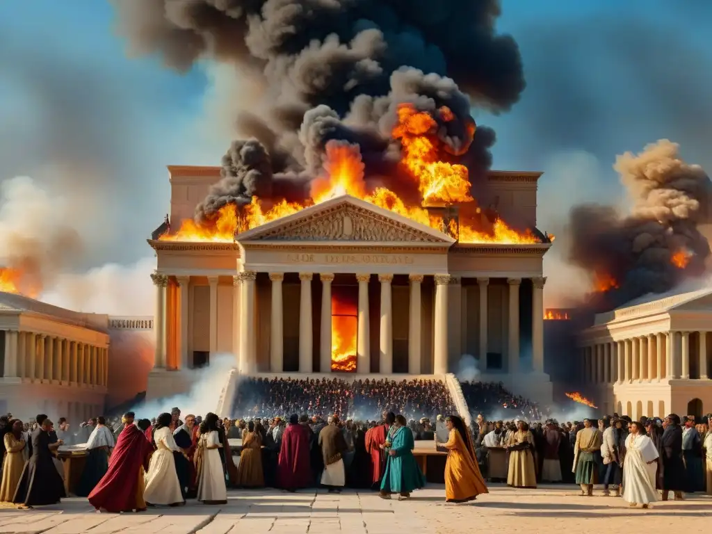 Escena detallada del incendio en la Biblioteca de Alejandría, con caos y tragedia histórica
