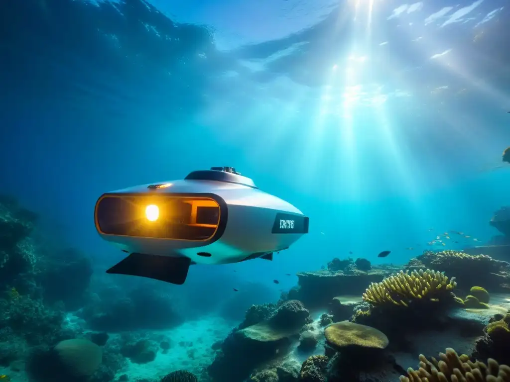 Una escena épica de exploración submarina con drones acuáticos en una cueva misteriosa, rodeada de coral y peces brillantes