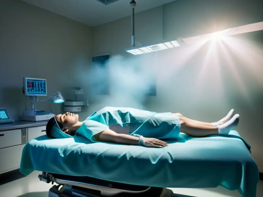 Una escena impactante de una experiencia cercana a la muerte en quirófano, con una luz brillante y personal médico asombrado
