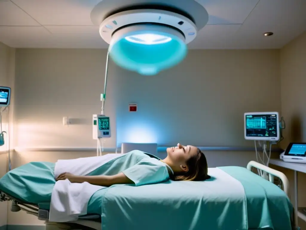 Una escena impactante de una persona flotando sobre su propio cuerpo en una habitación de hospital, rodeada de una suave luz etérea