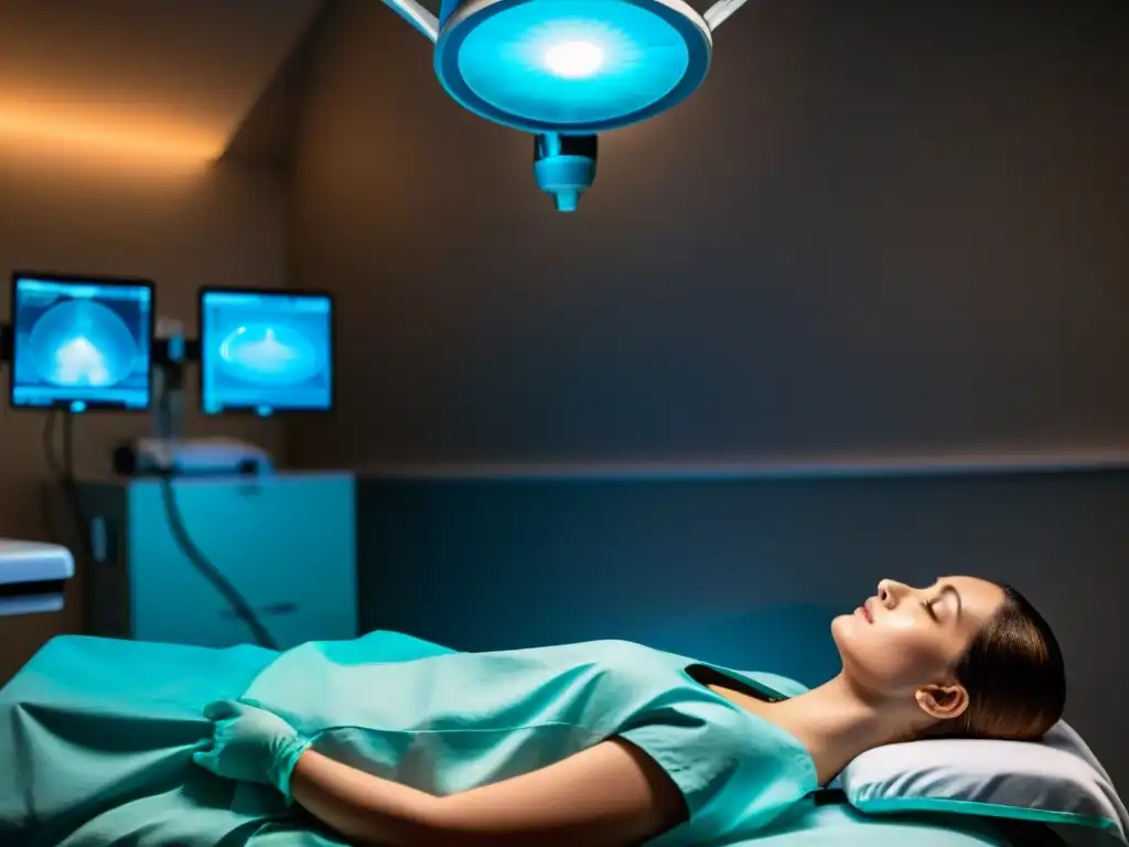 Una escena intensa de cirugía con un aura misteriosa, evocando experiencias cercanas a la muerte
