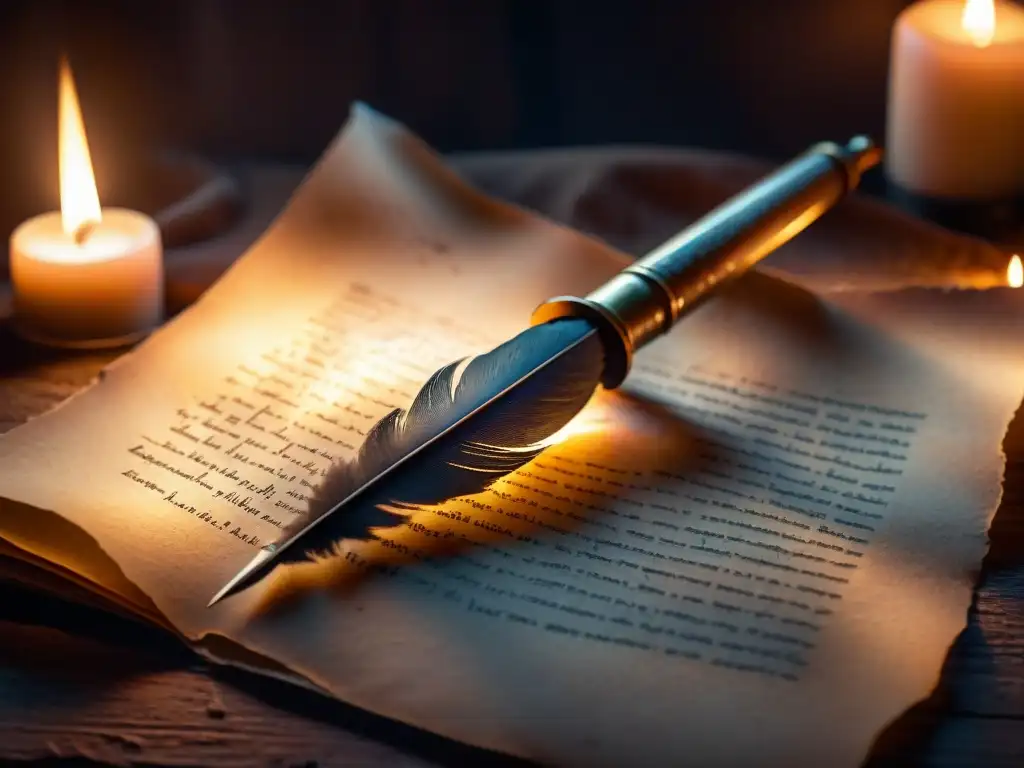 Pluma antigua y mágica en pergamino iluminado Escena mágica de un antiguo plumín en pergamino, iluminado por velas en una habitación ancestral de escritores leyendas misterios ancestrales
