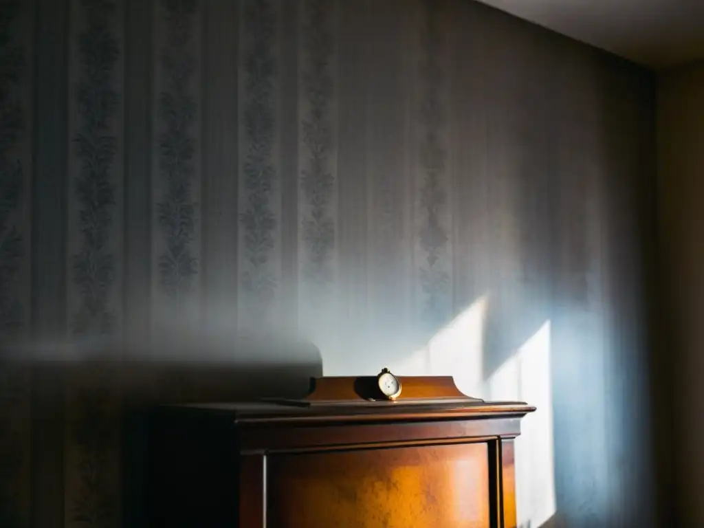 Escena misteriosa: termómetro vintage en habitación antigua Escena misteriosa: habitación antigua con termómetro vintage y atmósfera paranormal