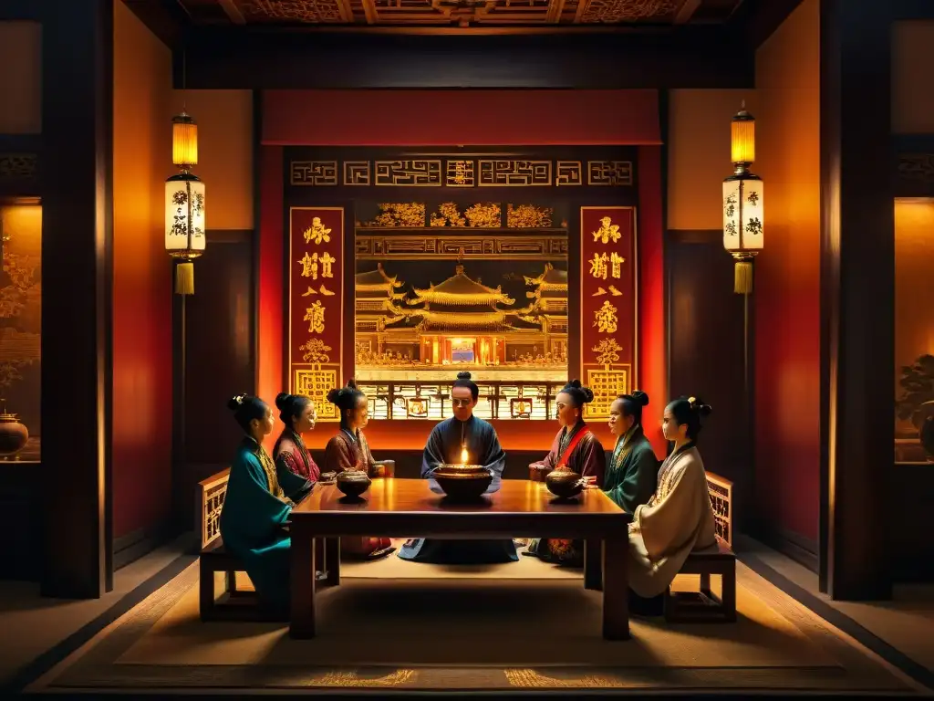 Conspiración en palacio chino: misteriosa reunión bajo la luz de las velas Escena misteriosa en la China Imperial: La Camarilla en palacio chino antiguo
