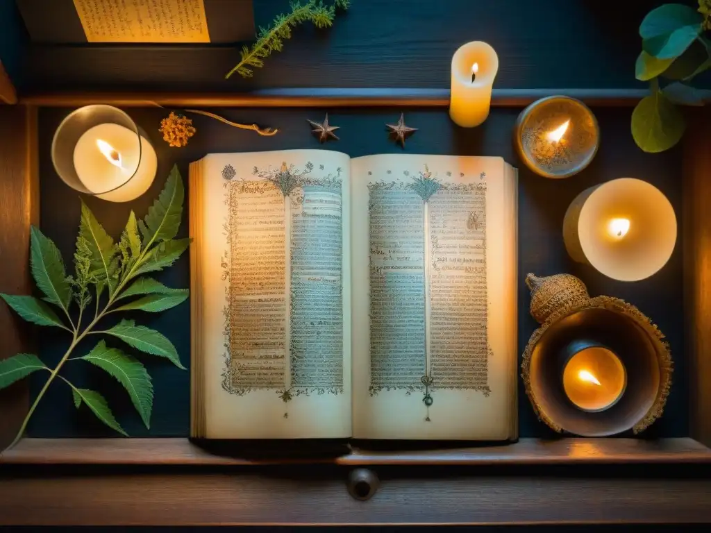 Manuscrito Voynich: Misterio en la penumbra Escena misteriosa de un cuarto iluminado por velas con el enigmático Manuscrito Voynich
