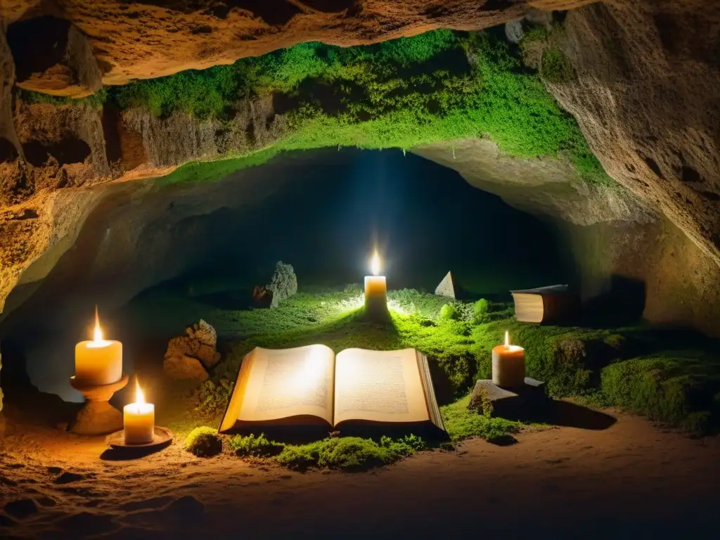 Ritual de brujas en cueva mágica de Zugarramurdi Escena misteriosa de cueva subterránea en Zugarramurdi con símbolos antiguos, libro de brujas y vela