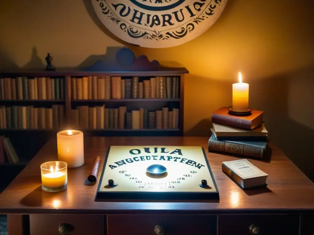Escena paranormal: antiguo tablero de Ouija en habitación misteriosa Escena misteriosa de equipamiento para investigación paranormal en una habitación tenue con tablero Ouija vintage y libros sobre rituales ocultos