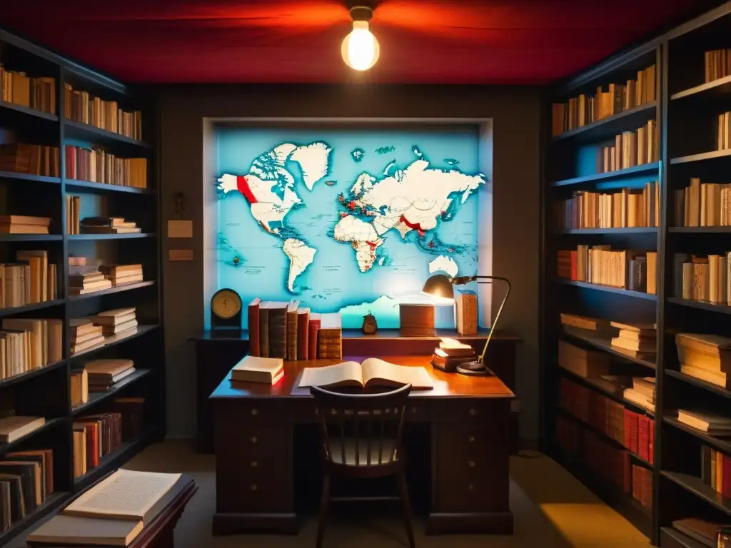 Estudio de leyendas urbanas: misterio en la biblioteca Escena misteriosa de una habitación con libros antiguos sobre leyendas urbanas