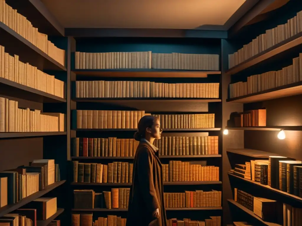 Misteriosa biblioteca de libros antiguos sobre cultos y lo paranormal Escena misteriosa de una habitación con libros antiguos sobre misterios paranormales, sectas y cultos, iluminada tenue y con niebla sutil