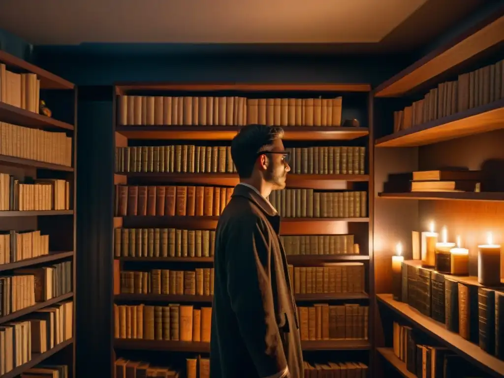 Misteriosa biblioteca de libros paranormales y cultos Escena misteriosa de una habitación llena de libros antiguos sobre misterios paranormales, sectas y cultos