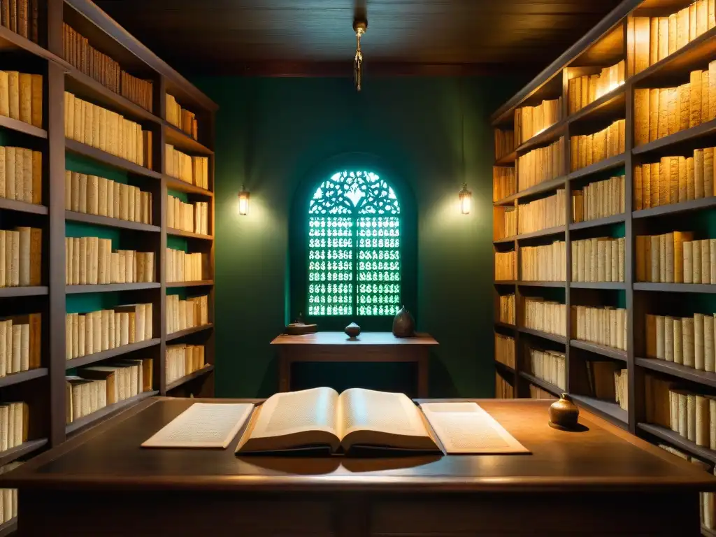 Manuscrito Voynich: Misterios y secretos en la penumbra Escena misteriosa en una habitación llena de estantes de libros antiguos y polvorientos, con el Manuscrito Voynich abierto