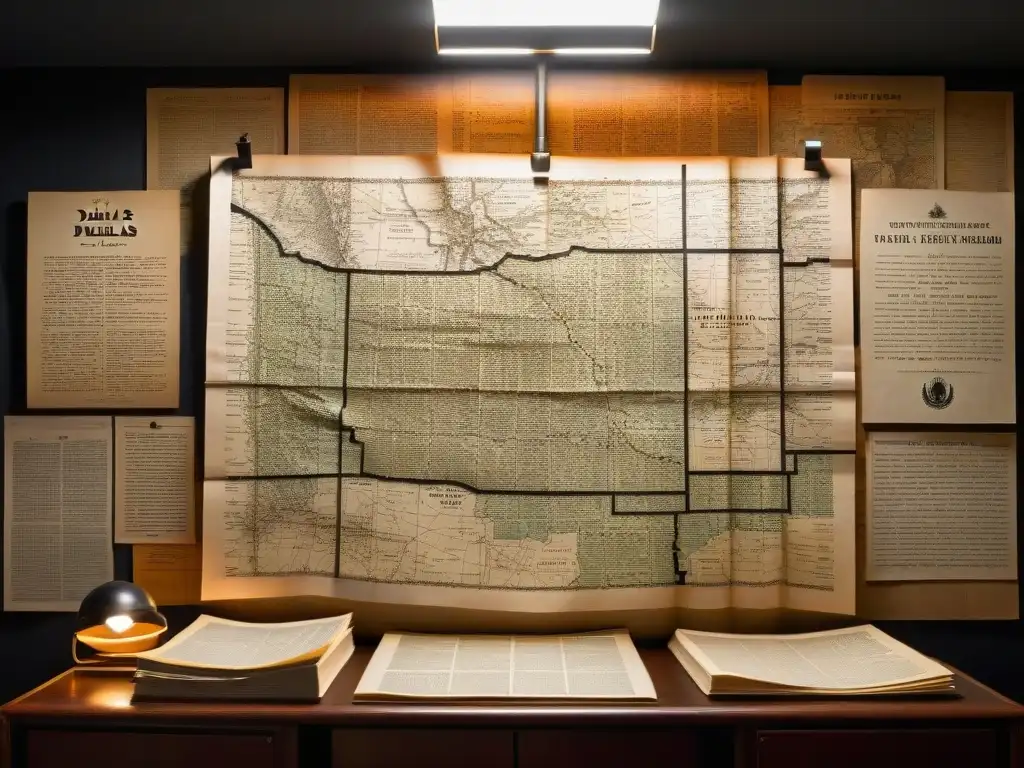 Conspiraciones en Dallas: Misterios Revelados Escena misteriosa de una habitación oscura y ahumada con mapas y notas sobre 'Teorías conspiración asesinato JFK'